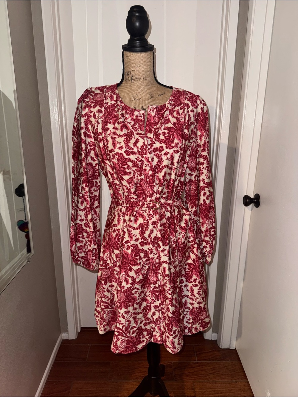 LOFT Red and Cream Long-Sleeve Floral Dress